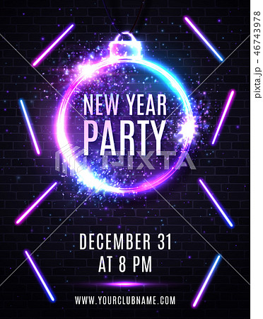 New Years eve party poster. Christmas decoration shaped frame. Circle sparkle silver sign with neon New Years eve party poster. Christmas decoration shaped frame. Circle sparkle silver sign with neon 46743978