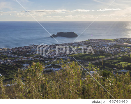 Aerial view of Vila Franca do Campo town with its famous volcanic islet near the coast, from 46746449