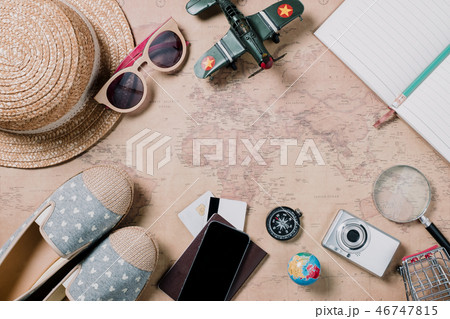 Outfit of traveler on map background Outfit of traveler on map background 46747815