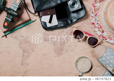 Outfit of traveler on map background Outfit of traveler on map background 46747823