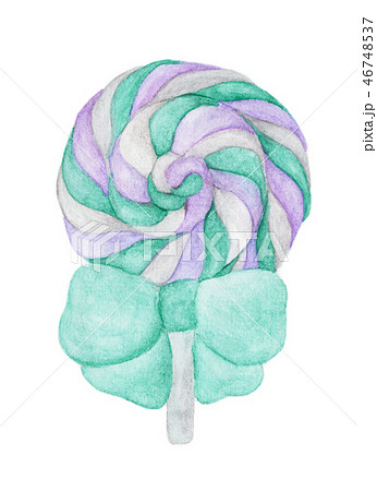 Sweet Lollipop with Green ribbon. Watercolor. Sweet Lollipop with Green ribbon. Watercolor. 46748537