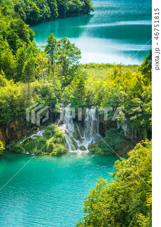 Waterfall at a turquoise lake. The Plitvice Lakes. 46751815