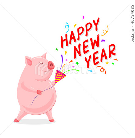 pig character with paper shoot happy new year.  46754085