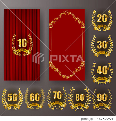 Set of anniversary card, invitation with laurel wreath, number. Decorative gold emblem of jubilee on 46757254