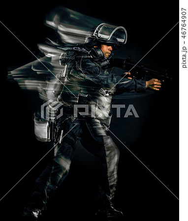 one soldier police swat tactical forces man isolated black backg 46764907