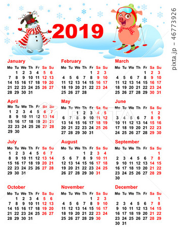 Calendar 2019 year grid pig skiing and snowman 46773926