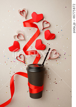Paper Coffee Cup decorated with Red origami Heart Paper Coffee Cup decorated with Red origami Heart 46775872