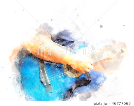 Abstract playing acoustic Guitar watercolor paint. 46777069