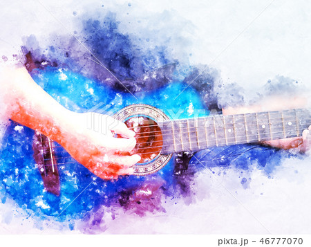 Abstract playing acoustic Guitar watercolor paint. 46777070