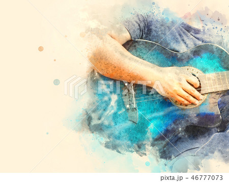 Abstract playing acoustic Guitar watercolor paint. 46777073