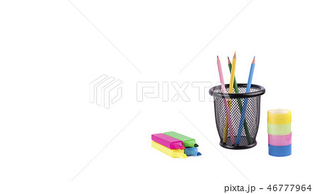 markers and other colorful office stationery closeup on white markers and other colorful office stationery closeup on white 46777964