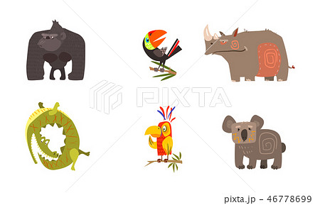 Cute cartoon African animals set, gorilla, toucan, rhino, crocodile, parrot, koala bear vector 46778699