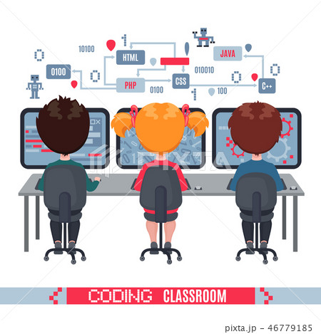 Kids learn coding on laptops in school. 46779185