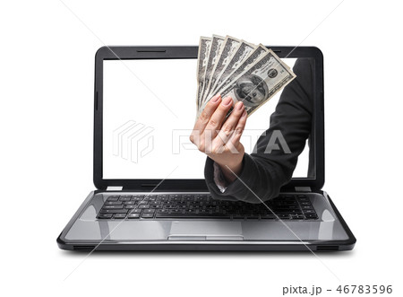 hand with money coming out of laptop 46783596