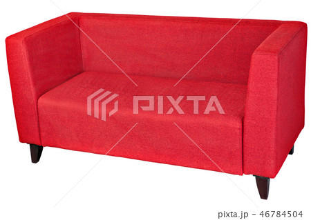 Upholstered sofa in red fabric with wooden legs. 46784504