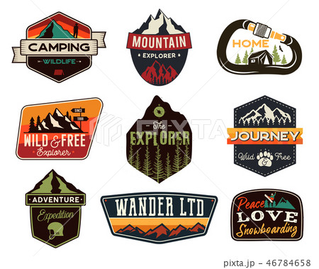 Vintage outdoors logos set. Hand drawn mountain travel badges, wildlife emblems. Camping labels 46784658