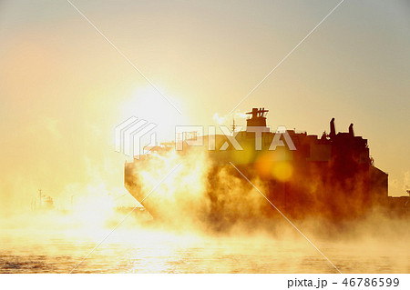 日立港の日の出と自動車運搬船　1月上旬　茨城県日立市 46786599