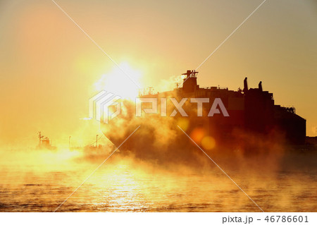 日立港の日の出と自動車運搬船　1月上旬　茨城県日立市 46786601