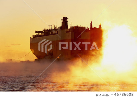 日立港の日の出と自動車運搬船　1月上旬　茨城県日立市 46786608