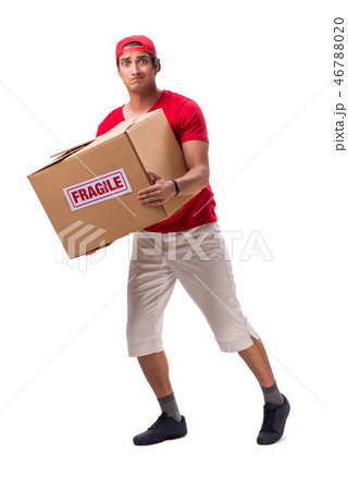 Handsome contractor holding fragile box isolated on white  46788020