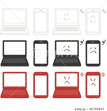パソコンとスマートフォン　白黒赤　顔付き 46789845