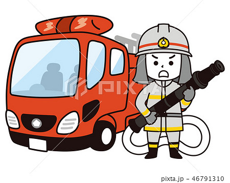 男性消防士とハシゴ消防車のイラスト素材