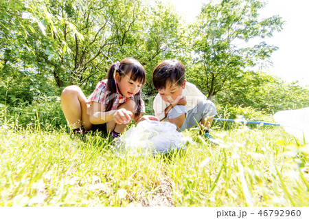 虫取り網を持ち笑顔で虫を追いかける子供2人 虫取り網を持ち笑顔で虫を追いかける子供2人 46792960