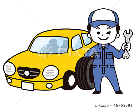男性自動車整備士と自動車のイラスト素材