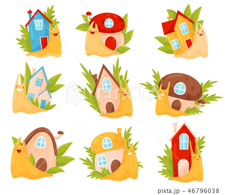 Cute snails with colorful shell houses on their back set, funny mollusk cartoon characters vector 46796038