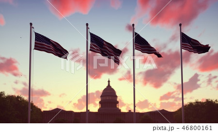 The American flags flutters in the wind on a sunset against the blue sky and the Capitol. 3D 46800161