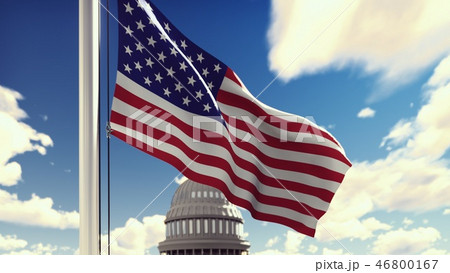 The American flag flutters in the wind on a Sunny day against the blue sky and the Capitol. 3D The American flag flutters in the wind on a Sunny day against the blue sky and the Capitol. 3D 46800167