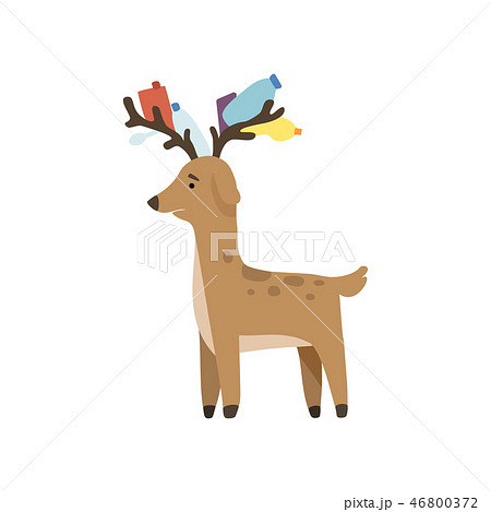 Deer with plastic trash in its horns, global environmental problem, ecological disaster vector 46800372