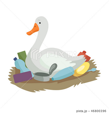 Swan sitting in the nest of plastic waste, global environmental problem, ecological disaster vector Swan sitting in the nest of plastic waste, global environmental problem, ecological disaster vector 46800396