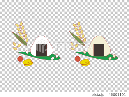 おにぎり 稲穂 たくあん 梅干し 白米と玄米 赤ラインのイラスト素材