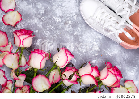 valentines day background frames with rose flowers bouquet and shoes on stone background. top view 46802578