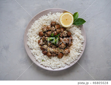 Sauce Teriyaki Meatballs. Juicy meat meatballs.  46805028