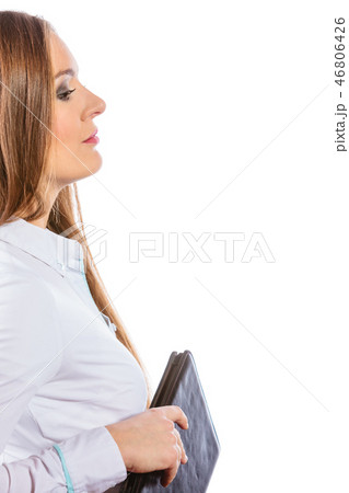 Young woman office worker hold case with files. 46806426