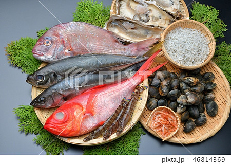 注意）背景に小ゴミあり。魚介類（金目鯛、真鯛、鯵、セイゴ、牡蛎、アサリ、車海老、シラス、桜海老） 46814369