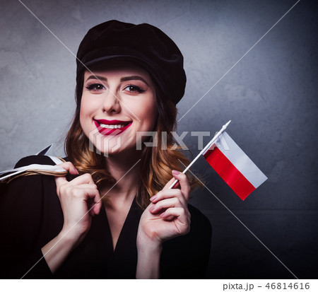 girl in hat with shopping bags and flag of Poland  46814616