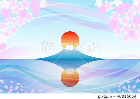 富士山 逆さ富士 河口湖の日の出と桜のイラスト素材
