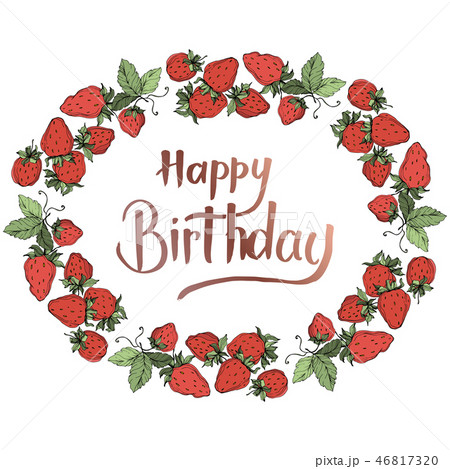 Vector Strawberry fruits. Green leaf. Red and green engraved ink art. Frame border ornament square. 46817320