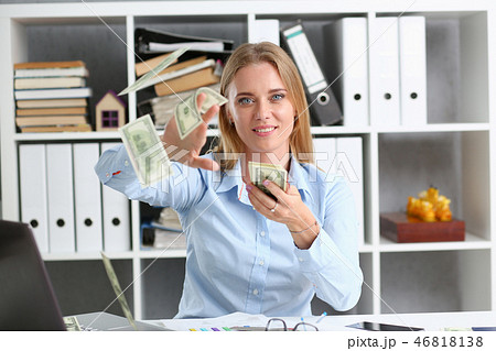 Beautiful businesswoman portrait. Scattering money Beautiful businesswoman portrait. Scattering money 46818138