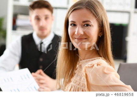 Beautiful smiling cheerful girl at workplace look in camera 46819658