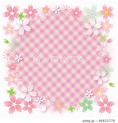 桜の花のフレーム 丸 背景 正方形 チェック柄のイラスト素材