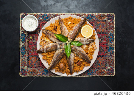 Fish Biryani. Saudi arabian Fish Kabsa. Top view. 46826436
