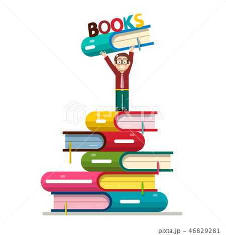 Man Holding Book Above Head on Books Pile 46829281