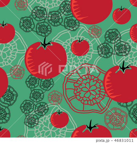 Tomato and Lace-Vegi Delight, seamless Repeat Pattern illustration.Background in red,green and black 46831011