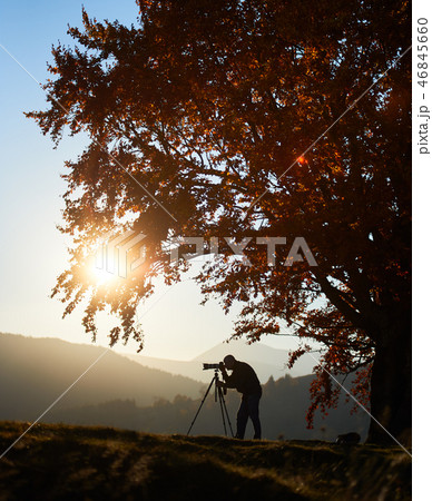 Hiker tourist man with camera on grassy valley on background of mountain landscape under big tree. 46845660