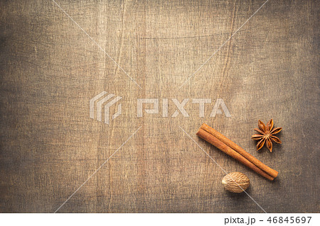 spices and ingredients on wooden table 46845697