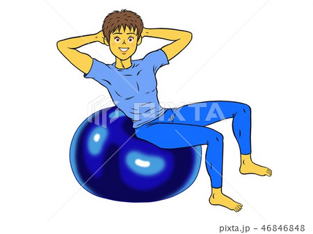 バランスボールで腹筋をするインストラクターの男性のイラスト素材